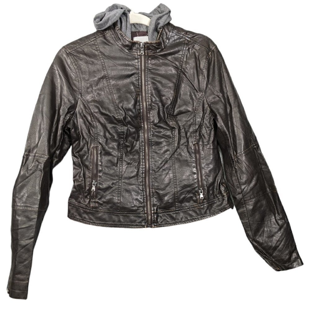 Levis Faux Leather Moto Jacket Hoodie Womens Medium Dark Brown Hooded Distressed